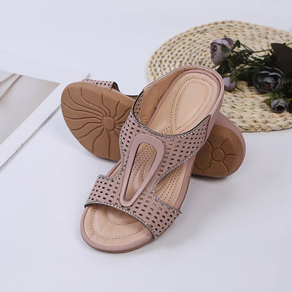 Women's Open Toe Sandals with Rhinestones and Cutout Details – Casual Sandals