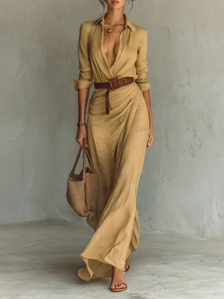 Women's Autumn Dress with Irregular Ruffles, Belt, and Long Sleeves