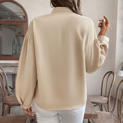 Women's Long Sleeve Shirt with High Collar, Balloon Sleeves, and Ring Pattern