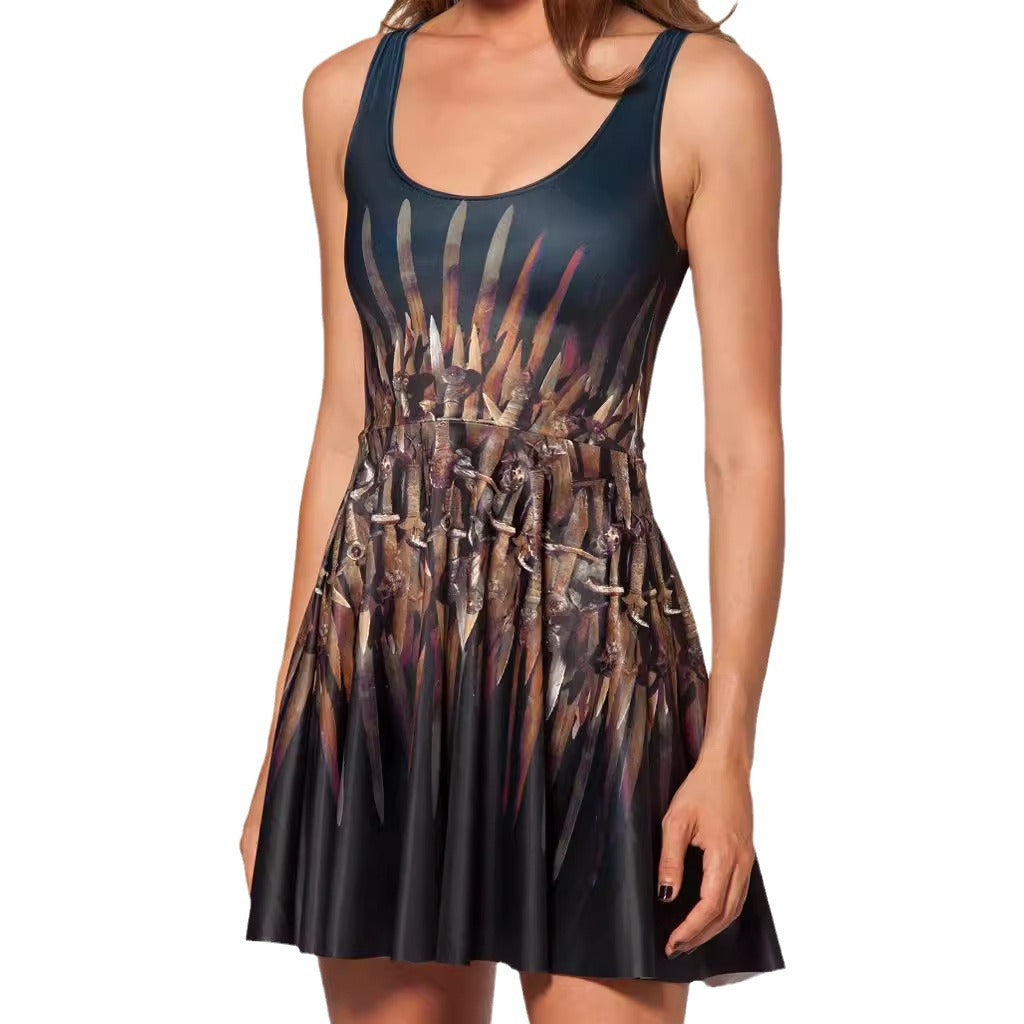 Abito Midi Donna Stampato Senza Maniche con Spalline Sottili e Gonna a Balze – Abito Estivo Casual