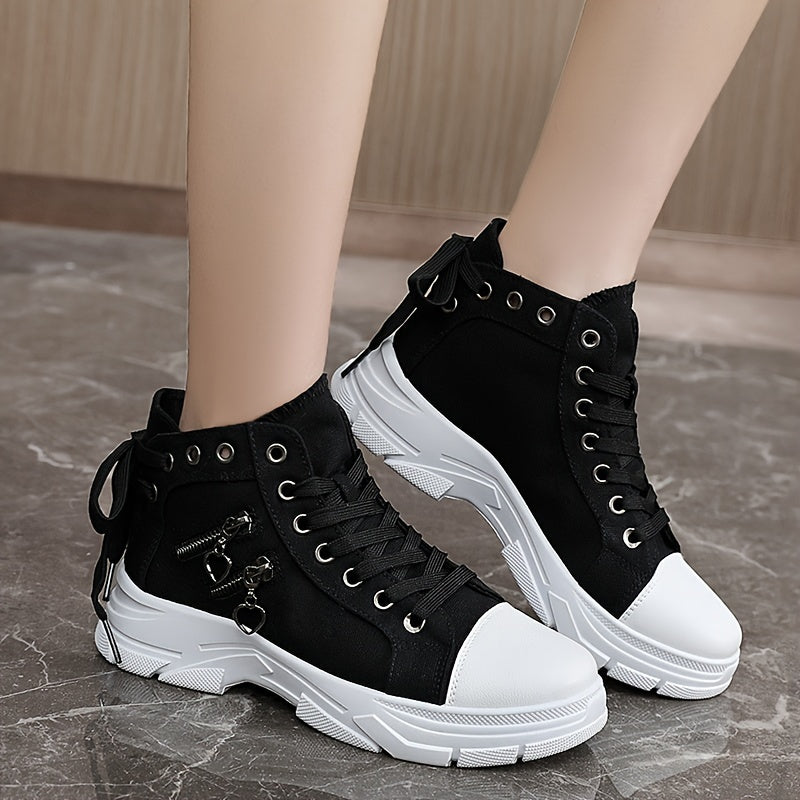 Women's Sneakers with Platform, Raised Sole, Front Lacing, and Side Zip