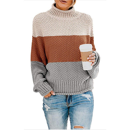 Maglione Pullover Donna a Collo Alto con Maniche Lunghe e Motivo a Blocchi di Colore