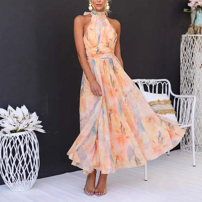 Vestido largo de mujer estilo vacaciones sin mangas con estampado y espalda descubierta – mezcla de poliéster