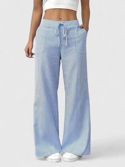 Women's Wide-Leg Pants with Elastic Waist, Drawstring, and Patch Pockets – Cotton Blend