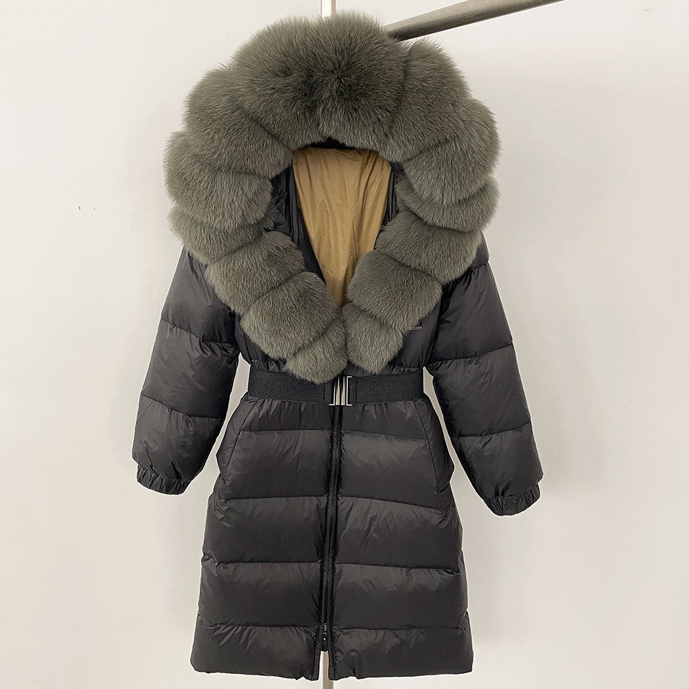 Women's Winter Coat with Long Hood and Removable Fur Collar