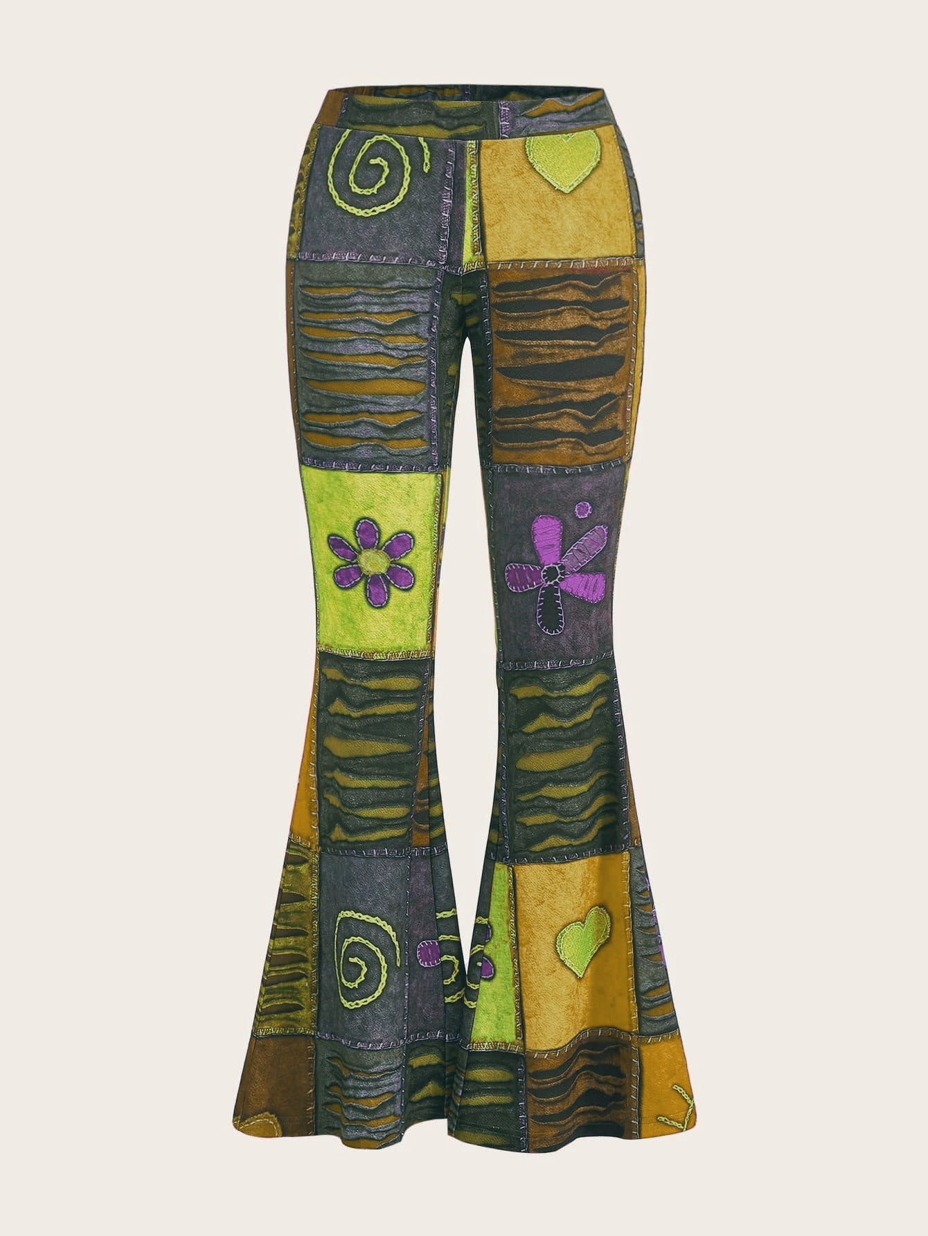 Pantalones de mujer bootcut estampados con motivo abstracto y cintura media