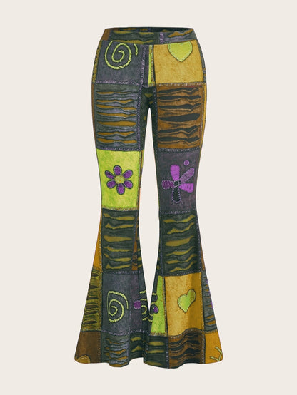 Pantalones de mujer bootcut estampados con motivo abstracto y cintura media