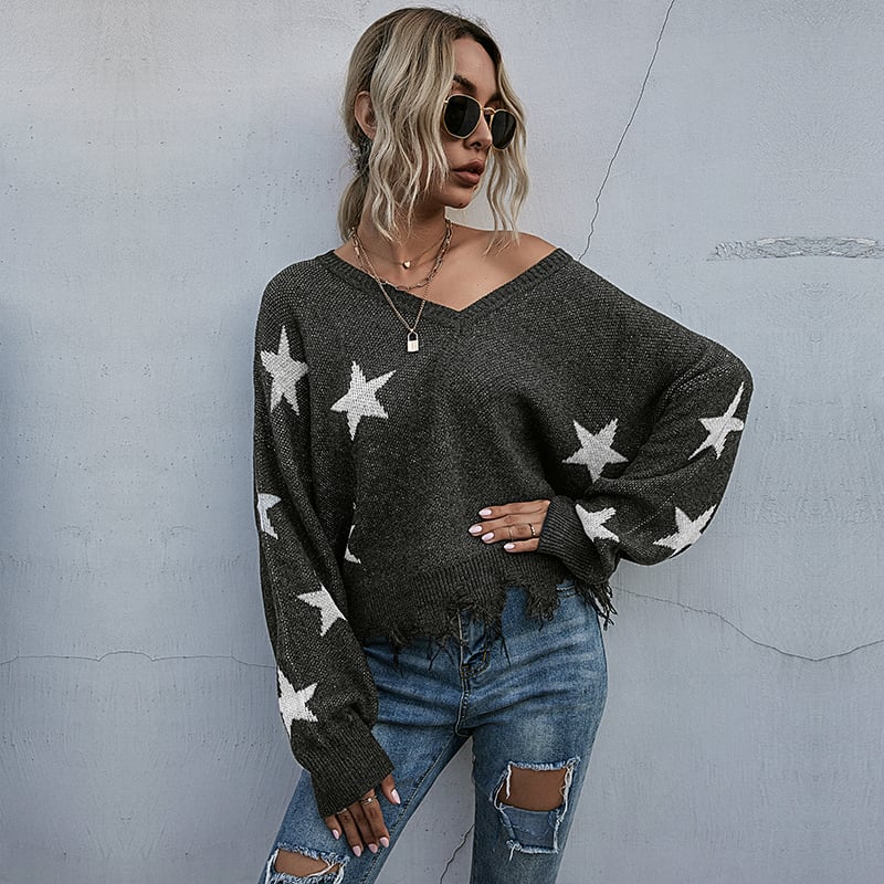 Women's Knit Sweater with Tassel Details and Star Pattern