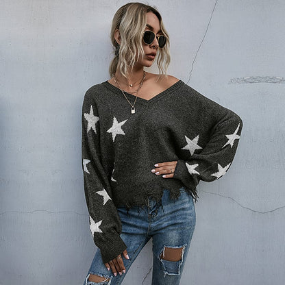 Women's Knit Sweater with Tassel Details and Star Pattern