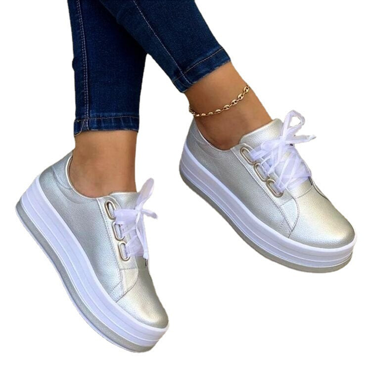 Low Women's Sneakers with Platform, Ribbon Laces, Round Toe, Rubber Sole