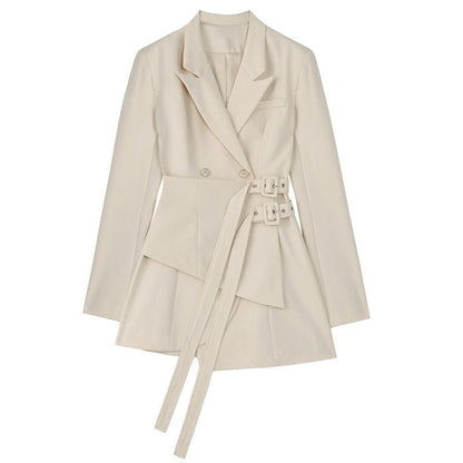 Women's Double-Breasted Blazer with Belt Design and Long Sleeves