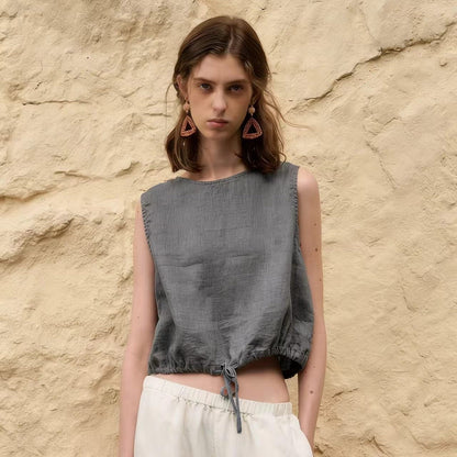 Top Donna Senza Maniche con Coulisse Regolabile e Dettagli a Contrasto – Tinta Unita
