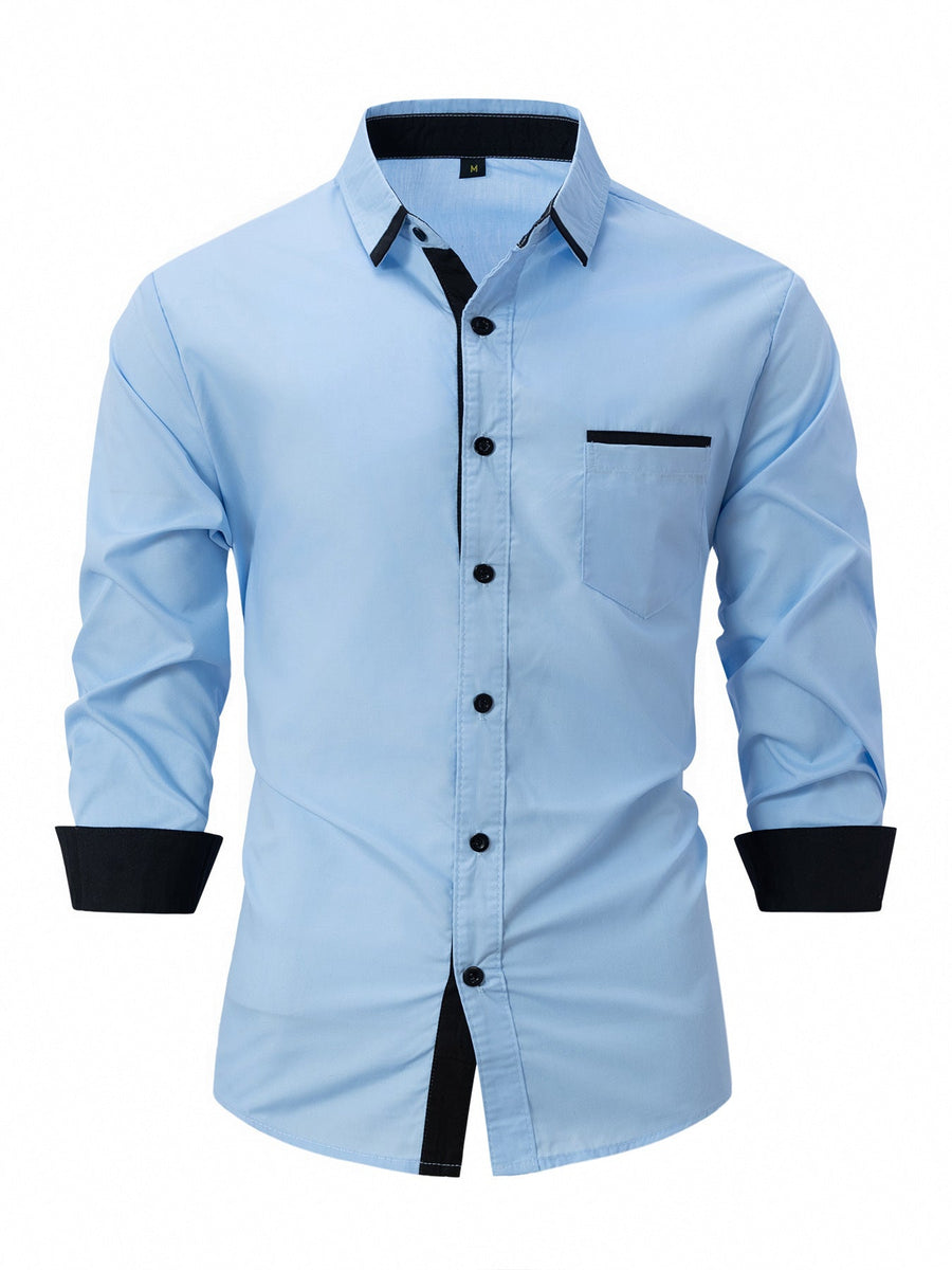Camicia uomo azzurra a maniche lunghe con dettagli neri, colletto classico e taschino. Elegante e moderna, ideale per ufficio o eventi formali.