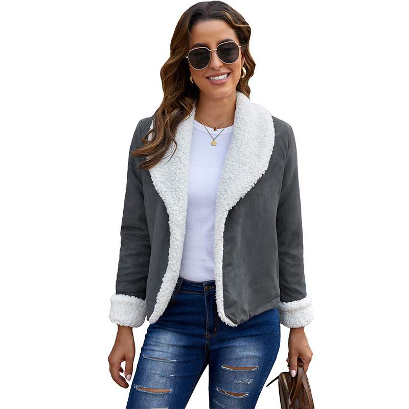 Women's Autumn Jacket in Faux Suede Leather with Long Sleeves and Solid Color