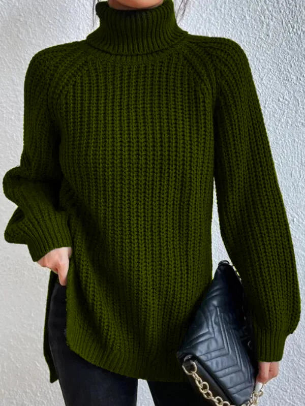 Maglione Donna con Collo Alto, Maniche Raglan e Spacco Laterale – Stile Versatile