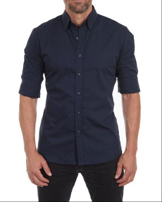Camisa Oxford de hombre de corte ajustado con cremallera frontal, botones decorativos y mangas largas.
