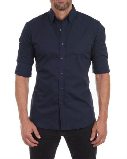 Camisa Oxford de hombre de corte ajustado con cremallera frontal, botones decorativos y mangas largas.
