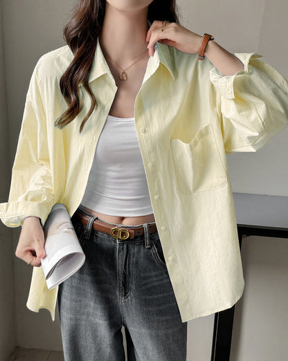 Women's Long Sleeve Solid Color Shirt with Loose Fit and Plus Sizes