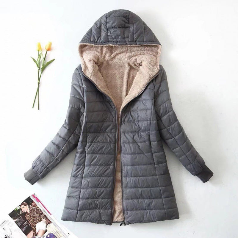 Women's Winter Jacket with Hood, Mid-Length, Fleece Lining and Slim Fit