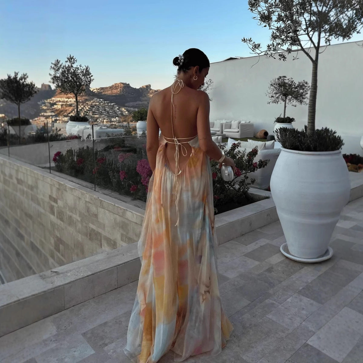 Women's Printed Summer Maxi Dress with Halter Neck and Open Back – Loose Summer Dress