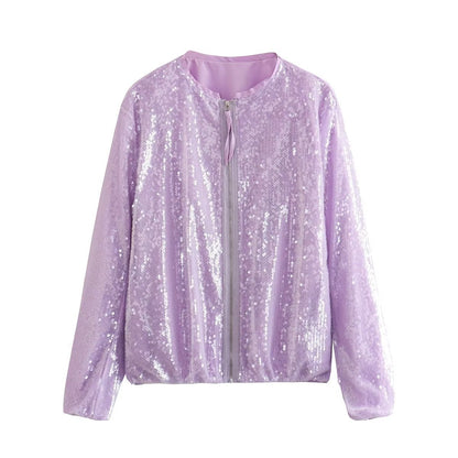 Giacca Bomber Autunnale Da Donna Con Paillettes, Chiusura A Zip E Maniche Lunghe