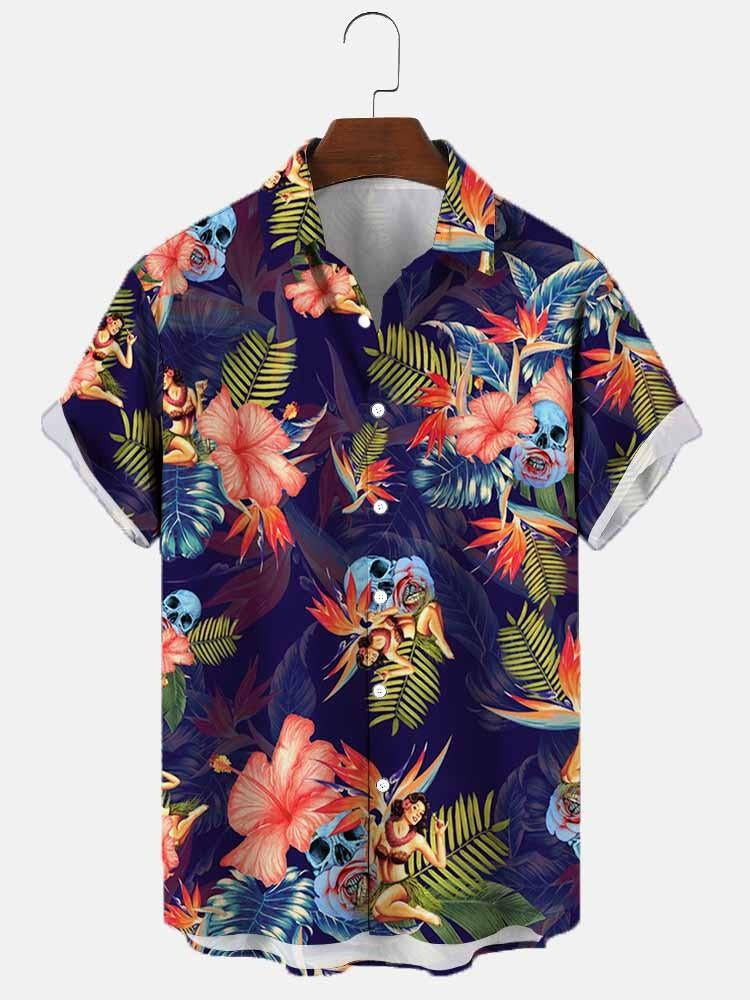 Camicia Uomo a Maniche Corte con Stampa Floreale e Tessuto Elasticizzato – Stile Casual