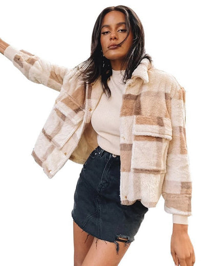 Women's Winter Jacket in Plaid Velvet with High Collar and Long Sleeves