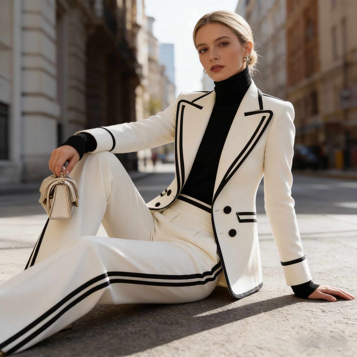 Completo de mujer con blazer cruzado de manga larga y pantalones largos – diseño color block
