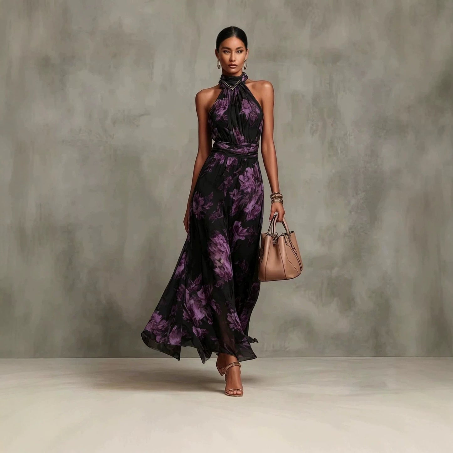 Abito Maxi da Donna Senza Maniche con Stampa, Collo Allacciato e Vita Alta – Stile Chiffon