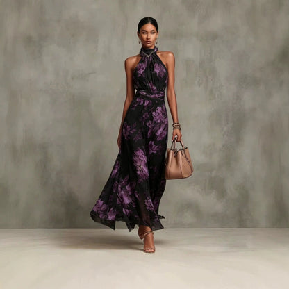 Abito Maxi da Donna Senza Maniche con Stampa, Collo Allacciato e Vita Alta – Stile Chiffon