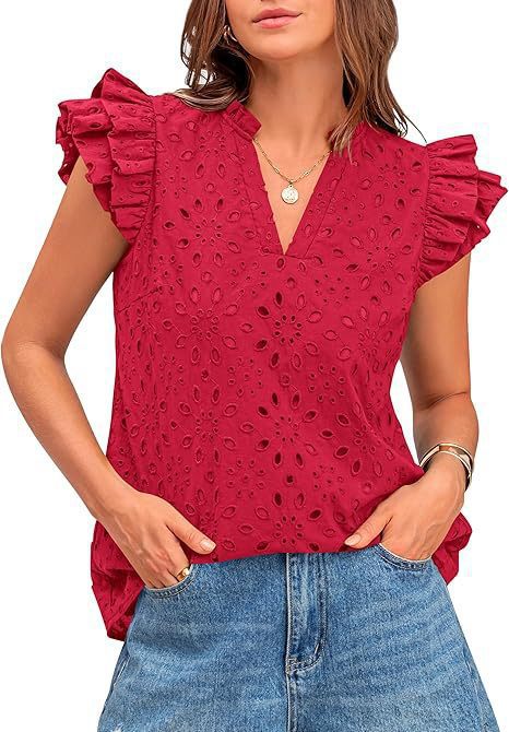 Damebluse med V-hals, Sangallo-broderi og flæseærmer – Elegant til hverdag