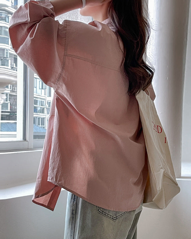 Women's Long Sleeve Solid Color Shirt with Loose Fit and Plus Sizes