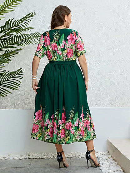 Abito Estivo Donna Verde Stampato Linea A con Laccio in Vita e Girocollo