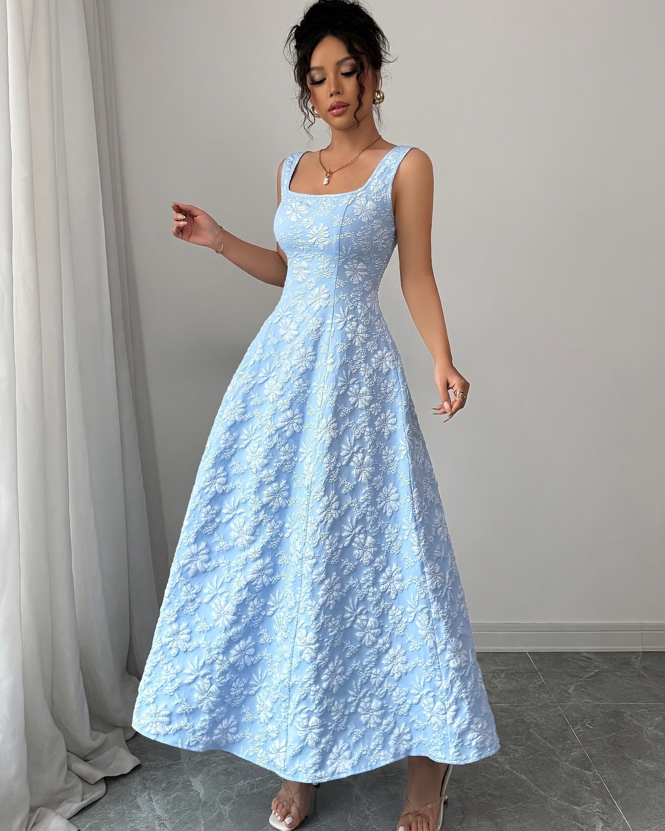 Abito Maxi Donna Senza Maniche con Vita Alta e Trama Jacquard – Abito Elegante A-Linea