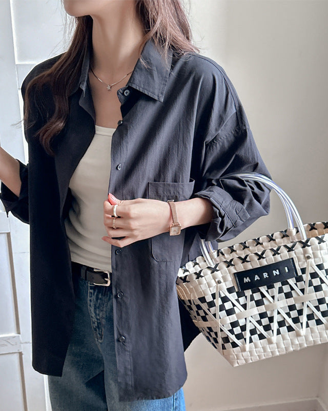 Women's Long Sleeve Solid Color Shirt with Loose Fit and Plus Sizes