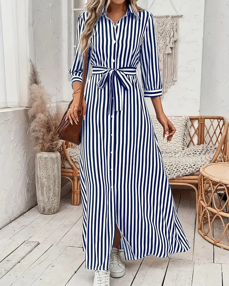 Vestido camisero de mujer a rayas con cuello de solapa y botones delanteros