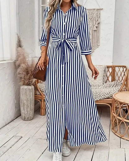 Vestido camisero de mujer a rayas con cuello de solapa y botones delanteros