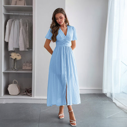 Women's Long Summer Dress with Deep V-Neck and Pleated Detail – Elegant Maxi Summer Dress
