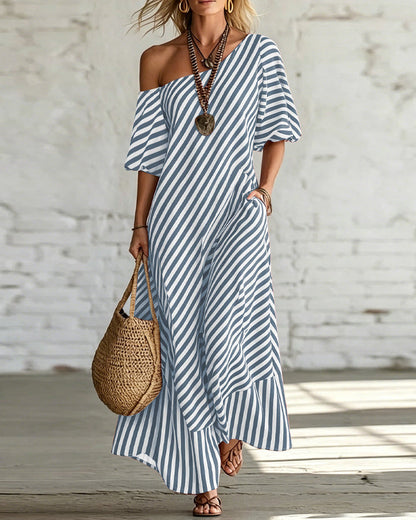 Women’s Long Summer Striped Dress with One-Shoulder Neckline and Ruffle