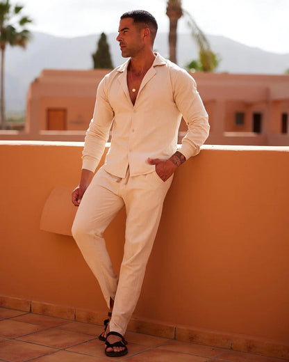 Conjunto de Hombre de Lino Primaveral Camisa y Pantalones Ligero y Transpirable