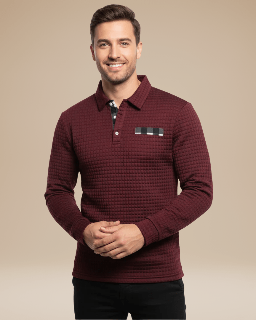 Polo de hombre de punto tipo panal con escote abotonado y mangas largas