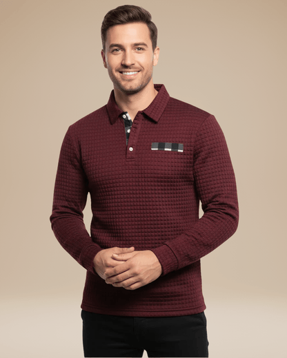 Polo de hombre de punto tipo panal con escote abotonado y mangas largas