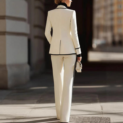 Completo de mujer con blazer cruzado de manga larga y pantalones largos – diseño color block
