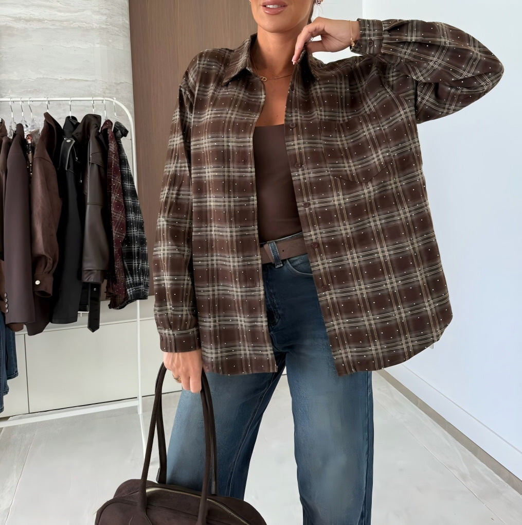 Camicia Donna Monopetto con Motivo Scozzese e Strass, Maniche Lunghe