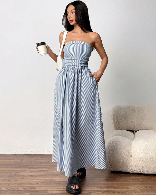 Women's Summer Maxi Dress, Strapless, with Pockets