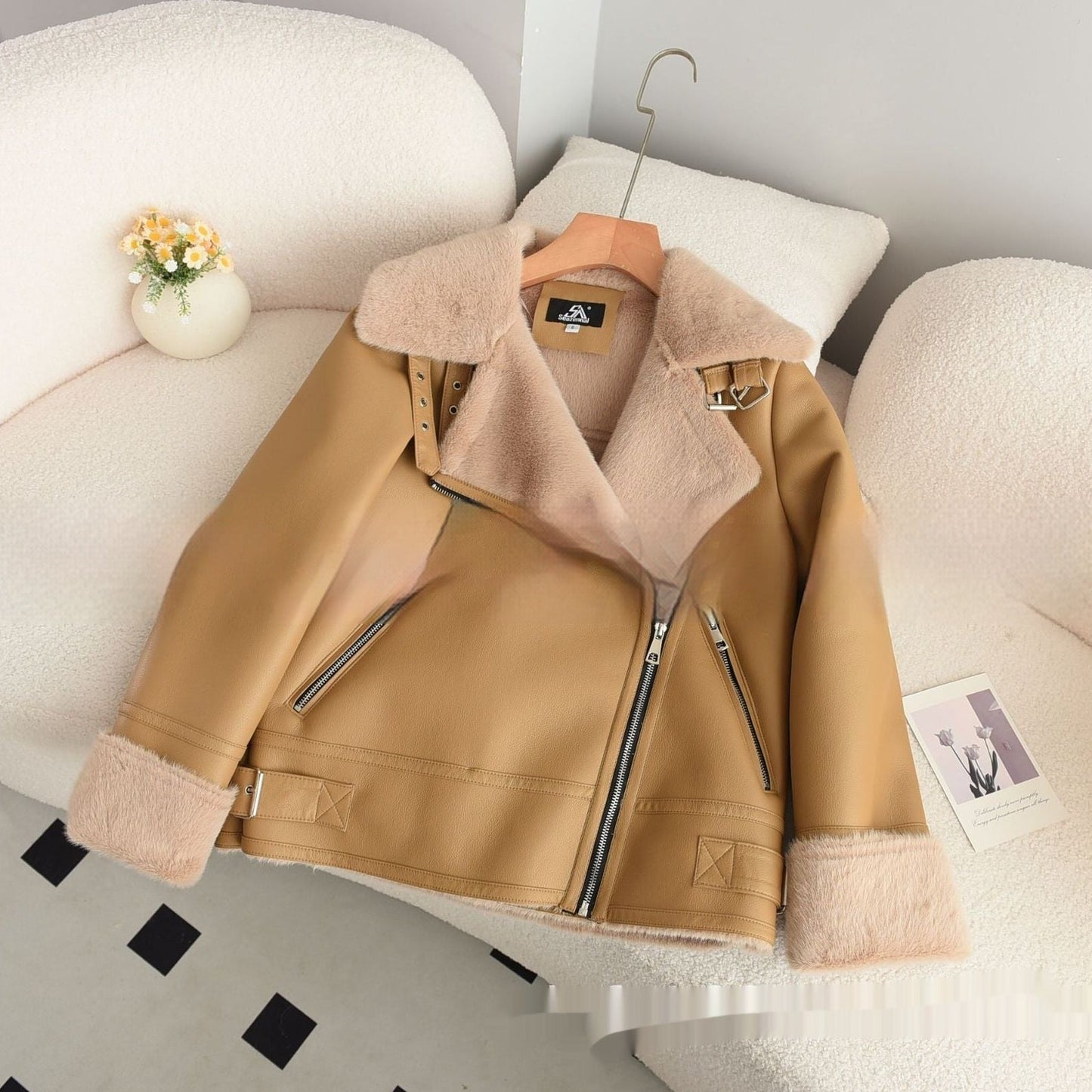 Cappotto Invernale Da Donna DI Media Lunghezza in Pu Con Cerniera E Cuciture