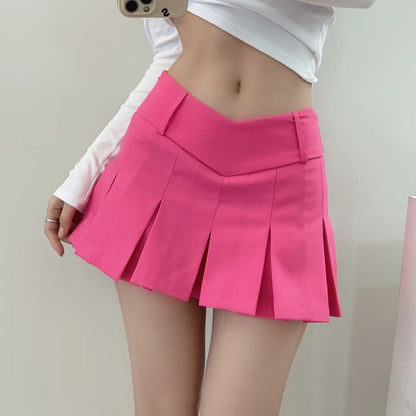 Gonna Mini da Donna a Campana con Vita a V, Pieghe e Shorts Interni