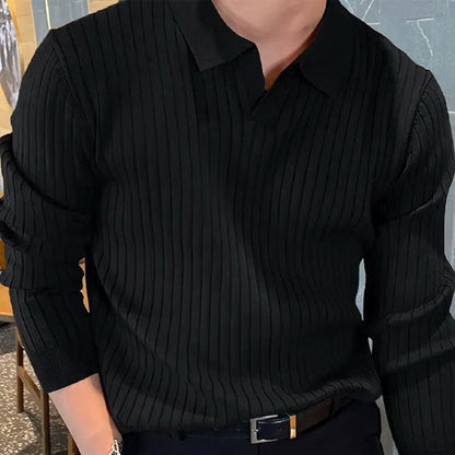 Ribbet poloshirt til mænd med reverskrave og lange ærmer
