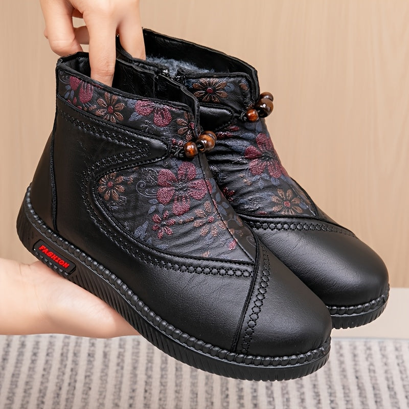 Stivaletti da Donna con Motivo Floreale in Rilievo e Zip Laterale