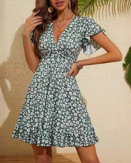 Women’s Floral Summer Mini Dress with V-Neck and Ruffle Sleeves
